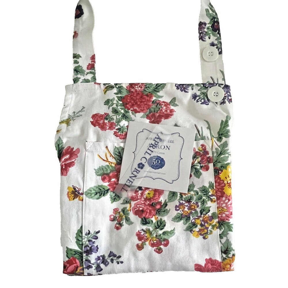 April Cornell French Country Apron White Yellow Pink Flowers Spring 100% Cotton